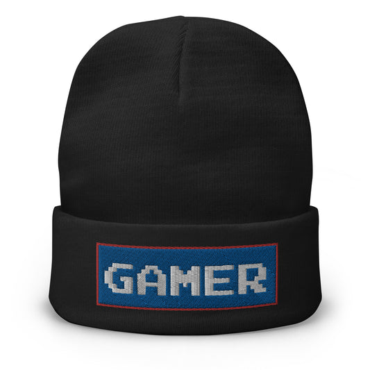 Black cuffed beanie with 8 Bit Gamer embroidered artwork, front view