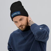 Black cuffed beanie with 8 Bit Gamer embroidered artwork, front view