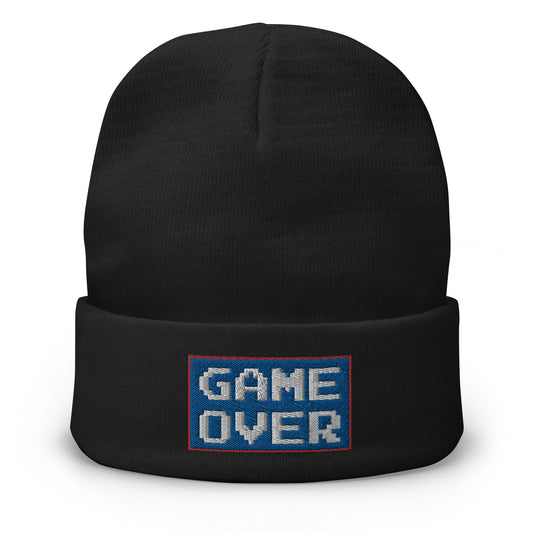 Black cuffed beanie with Game Over 8 Bit embroidered artwork, front view