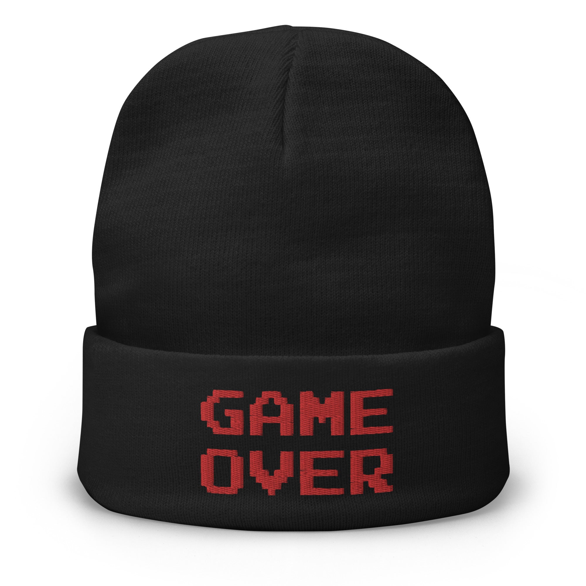 Game Over 8 Bit Embroidered Cuff Beanie Red Thread 80's Classic Gaming - Edge of Life Designs