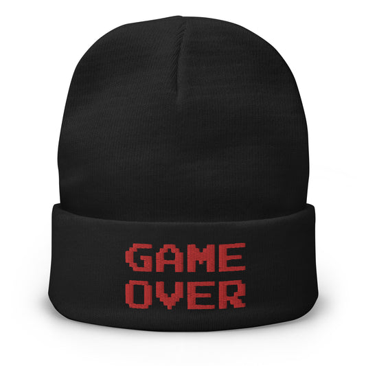 Black cuffed beanie with Game Over 8 Bit embroidered artwork, front view
