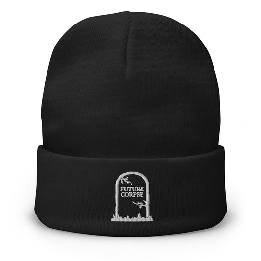 Black cuffed beanie with Tomb Stone Future Corpse embroidered artwork, front view