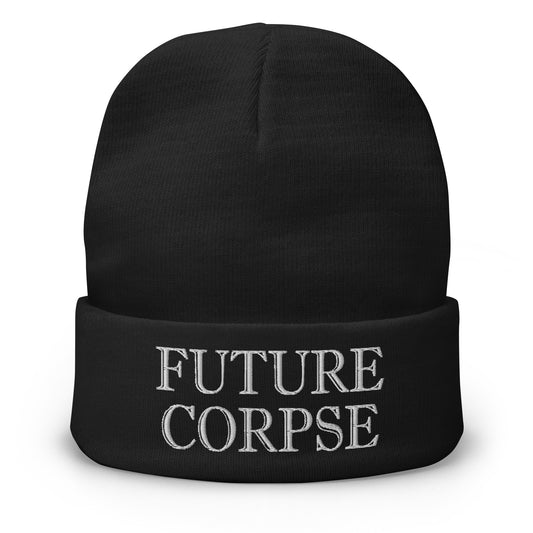 Black cuffed beanie with Future Corpse embroidered artwork, front view