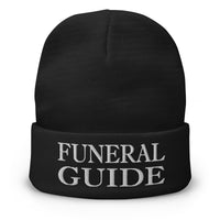 Black cuffed beanie with Funeral Guide embroidered artwork, front view