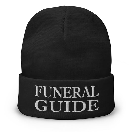 Black cuffed beanie with Funeral Guide embroidered artwork, front view