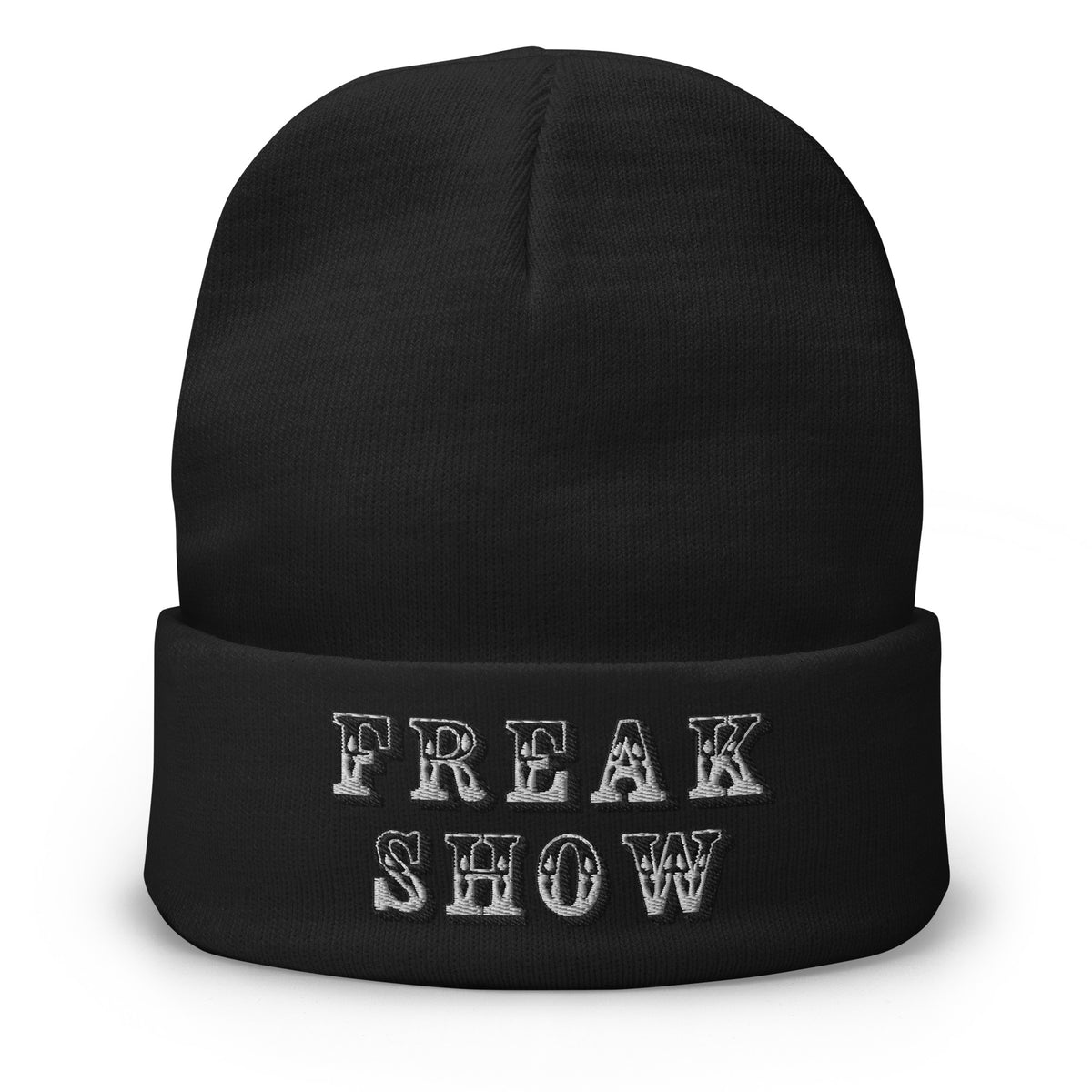 Black cuffed beanie with Freak Show embroidered artwork, front view