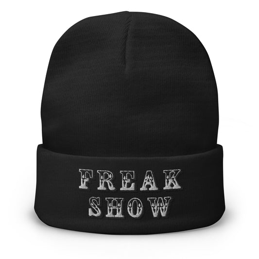 Black cuffed beanie with Freak Show embroidered artwork, front view