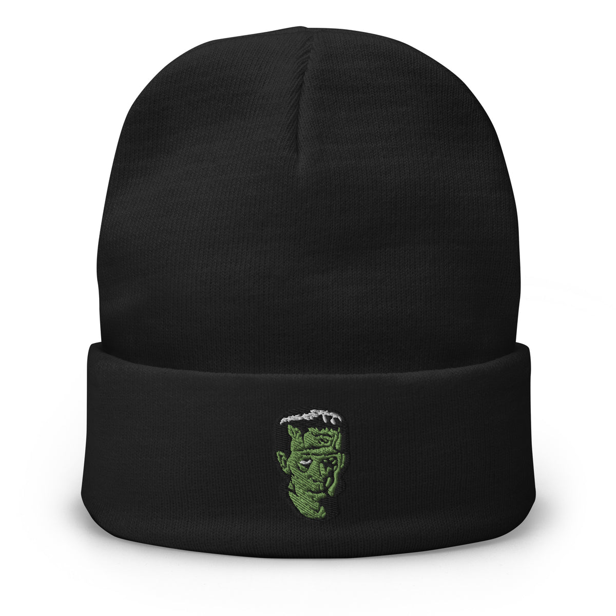 Black cuffed beanie with The Modern Prometheus Dr. Frankenstein's Monster embroidered artwork, front view