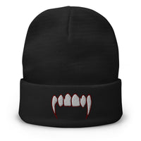 Black cuffed beanie with Vampire Fangs embroidered artwork, front view