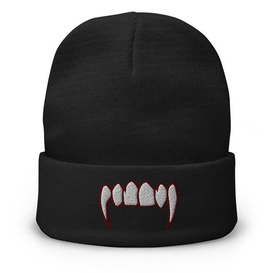 Black cuffed beanie with Vampire Fangs embroidered artwork, front view