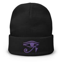 Black cuffed beanie with Eye of Ra Egyptian Goddess embroidered artwork, front view