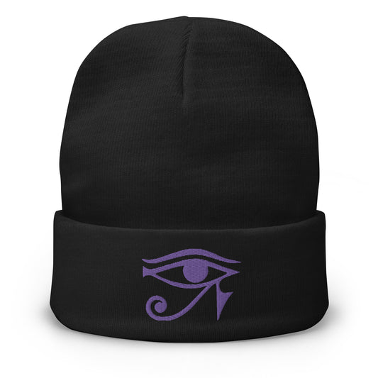 Black cuffed beanie with Eye of Ra Egyptian Goddess embroidered artwork, front view