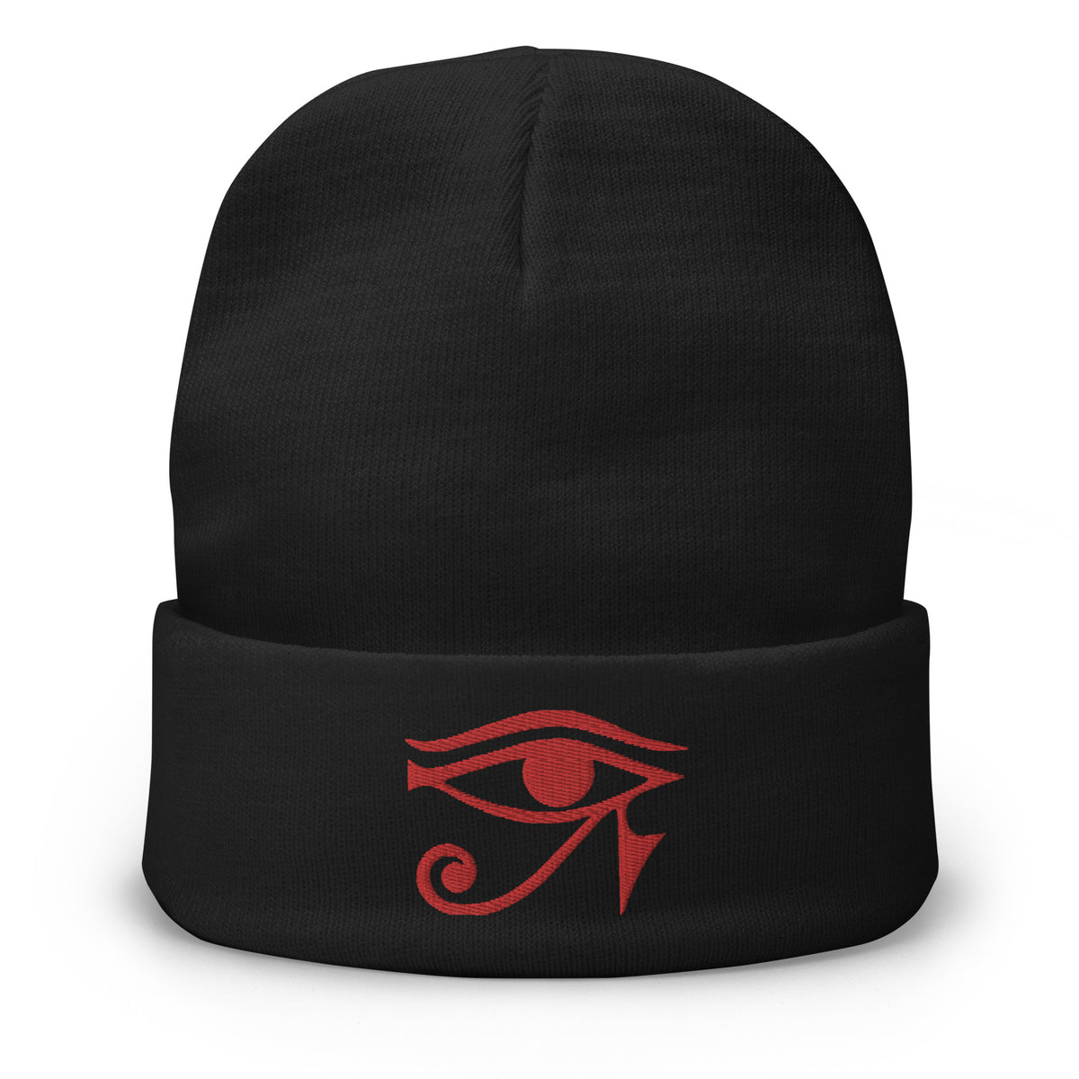 Black cuffed beanie with Eye of Ra Egyptian God embroidered artwork, front view