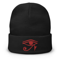 Black cuffed beanie with Eye of Ra Egyptian God embroidered artwork, front view