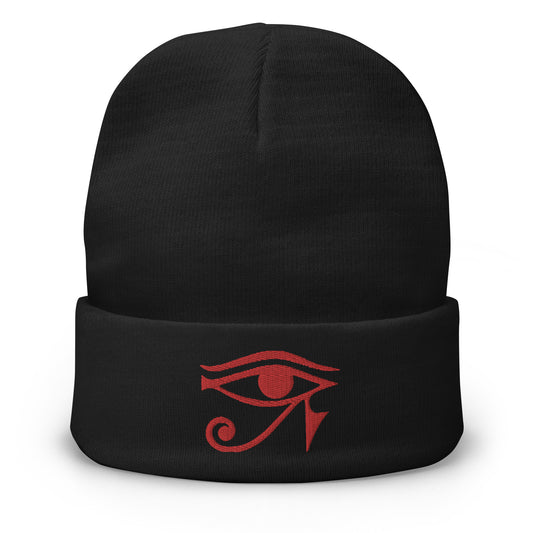Black cuffed beanie with Eye of Ra Egyptian God embroidered artwork, front view
