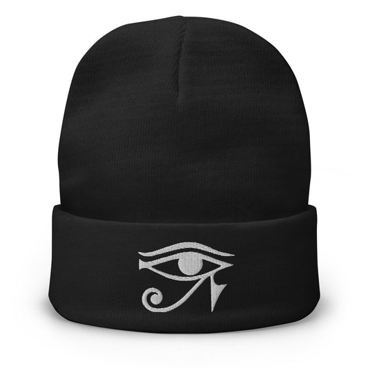 Black cuffed beanie with Eye of Ra Egyptian Goddess embroidered artwork, front view
