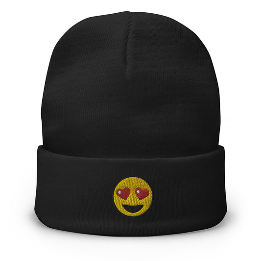 Black cuffed beanie with Heart-Eyes Emoji embroidered artwork, front view