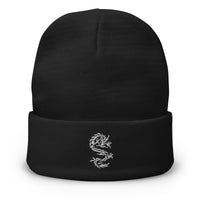 Black cuffed beanie with Ancient Chinese Dragon embroidered artwork, front view