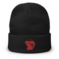 Black cuffed beanie with Red Apple Eaten by Ryuk embroidered artwork, front view