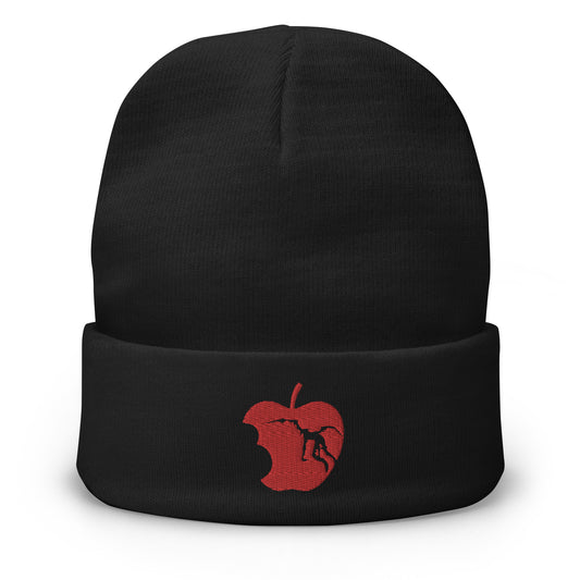 Black cuffed beanie with Red Apple Eaten by Ryuk embroidered artwork, front view