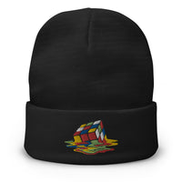 Black cuffed beanie with Melting Speed Cube Gaming Puzzle Box embroidered artwork, front view
