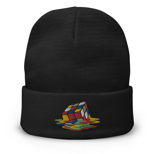 Black cuffed beanie with Melting Speed Cube Gaming Puzzle Box embroidered artwork, front view