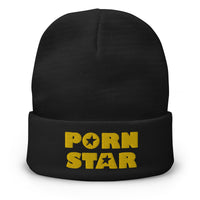 Black cuffed beanie with Porn Star Logo embroidered artwork, front view
