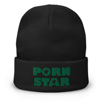 Black cuffed beanie with Porn Star Logo embroidered artwork, front view