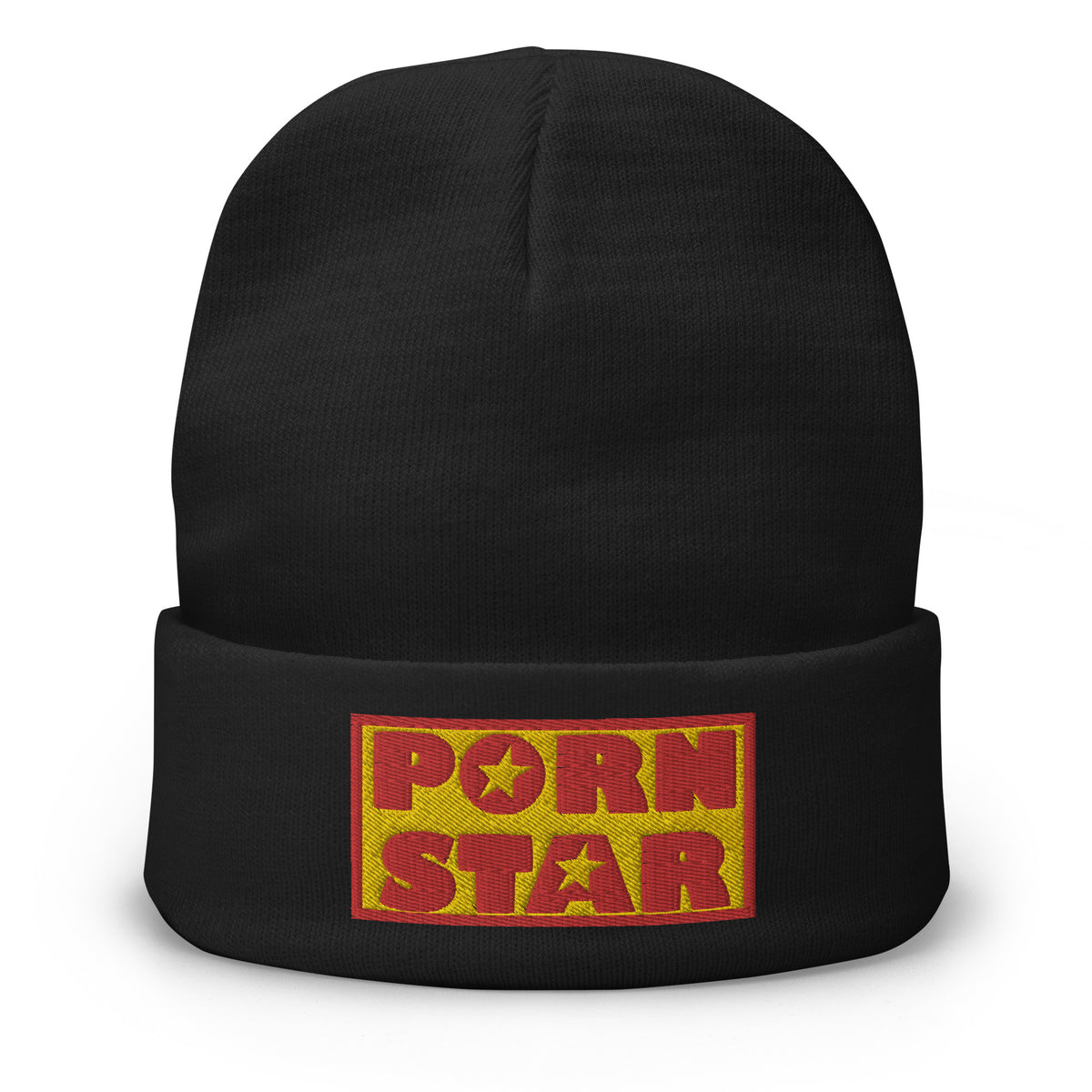 Black cuffed beanie with Porn Star Logo embroidered artwork, front view