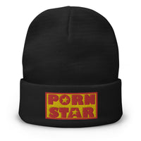 Black cuffed beanie with Porn Star Logo embroidered artwork, front view