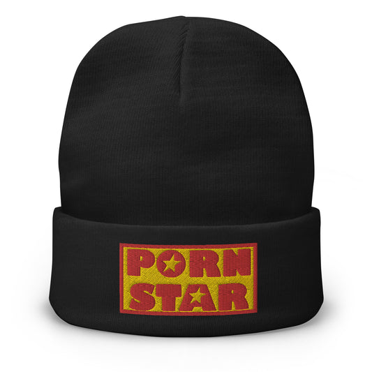Black cuffed beanie with Porn Star Logo embroidered artwork, front view