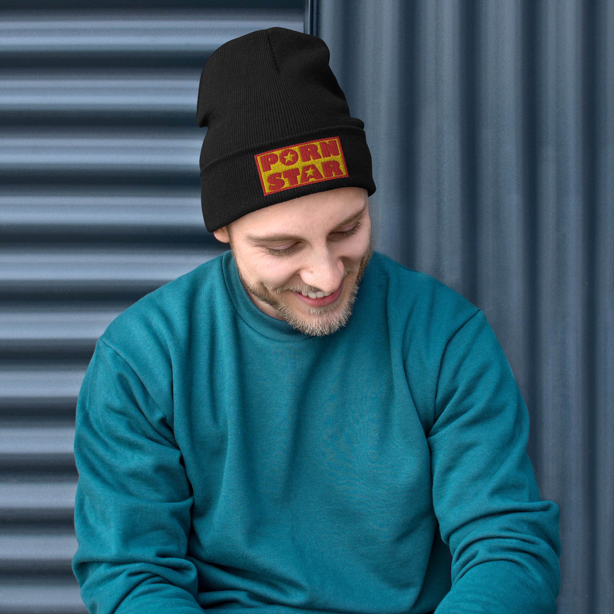 Porn Star Logo Embroidered Cuff Beanie Red and Yellow - Edge of Life Designs