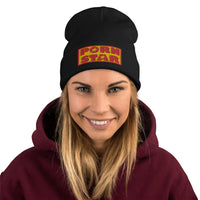 Black cuffed beanie with Porn Star Logo embroidered artwork, front view