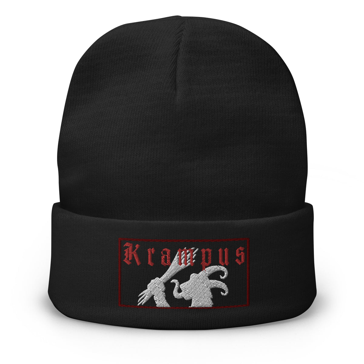 Black cuffed beanie with Gruss Vom Krampus embroidered artwork, front view