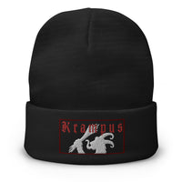Black cuffed beanie with Gruss Vom Krampus embroidered artwork, front view