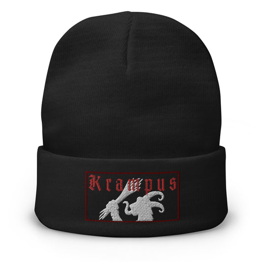 Black cuffed beanie with Gruss Vom Krampus embroidered artwork, front view