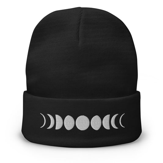 Black cuffed beanie with Moon Phases Lunar Cycle to Full Moon embroidered artwork, front view