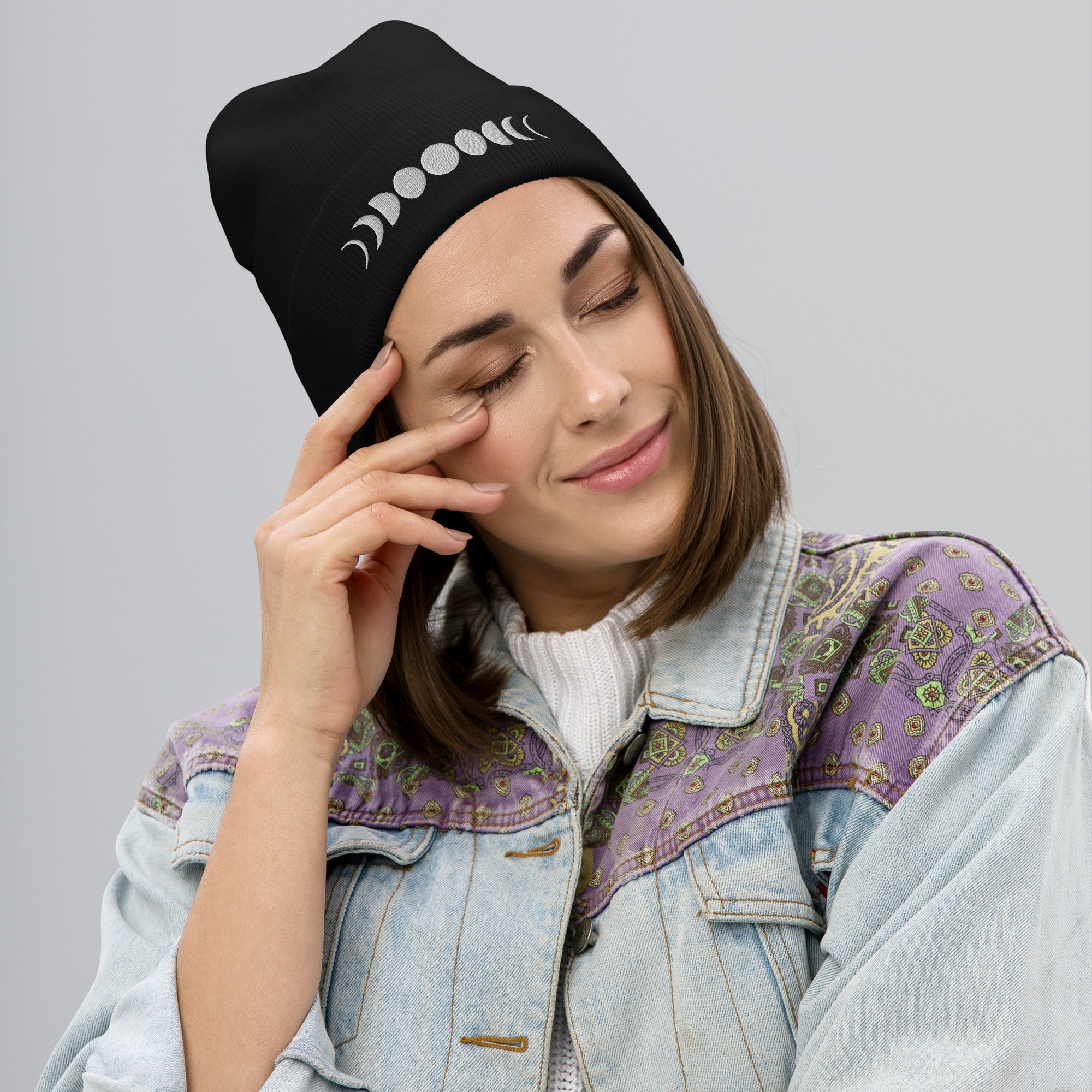 Moon Phases Lunar Cycle to Full Moon Embroidered Cuff Beanie - Edge of Life Designs