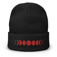 Black cuffed beanie with Moon Phases Lunar Cycle to Full Moon embroidered artwork, front view