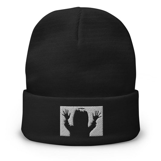 Black cuffed beanie with "They're Here" Carol Anne Poltergeist embroidered artwork, front view