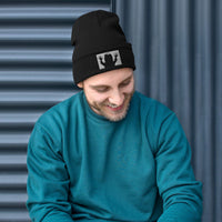Black cuffed beanie with "They're Here" Carol Anne Poltergeist embroidered artwork, front view