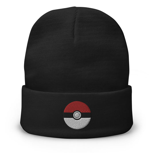 Black cuffed beanie with Poké Ball embroidered artwork, front view