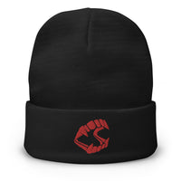 Black cuffed beanie with Vampire Fangs Novelty Toy Trick or Treat embroidered artwork, front view