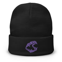 Black cuffed beanie with Vampire Fangs Novelty Toy Trick or Treat embroidered artwork, front view