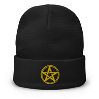 Black cuffed beanie with The Witching Hour Woven Pentagram embroidered artwork, front view