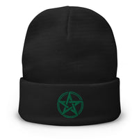 Black cuffed beanie with The Witching Hour Woven Pentagram embroidered artwork, front view