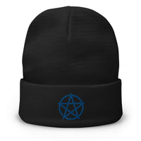 Black cuffed beanie with Witchcraft Woven Pentacle Pagan Ritual embroidered artwork, front view