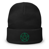 Black cuffed beanie with Witchcraft Woven Pentacle Pagan Ritual embroidered artwork, front view