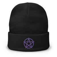Black cuffed beanie with Witchcraft Woven Pentacle Pagan Ritual embroidered artwork, front view