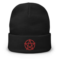 Black cuffed beanie with Witchcraft Woven Pentacle Pagan Ritual embroidered artwork, front view